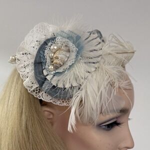 Handmade White Blue Feather Lace Hair Fascinator Clip Tea Party Wedding Guest